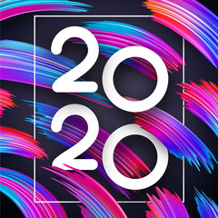 New Year 2020 card with abstract colorful brush strokes.