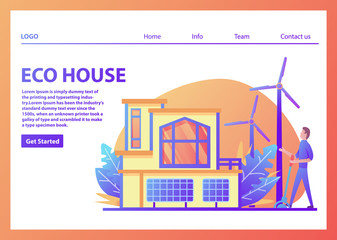 Landing page template.Green energy eco friendly suburban american house.Solar panel, wind power turbine.Family home facade.Flat vector.Web page.Website template.Young man includes character cartoon.