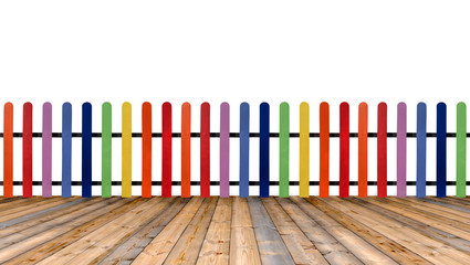  Varicolored wooden fence and floor wood on white background