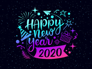 Happy new year 2020 message with icons purple and blue design on star background, vector illustration 