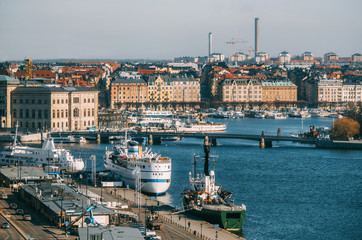 Aerial view of Strommen of Saltsjon bay with nautical vessels and old buildings from Katarina elevator, Stockholm, Sweden