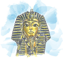 Golden mask of Egyptian pharaoh hand drawn Watercolor - obrazy, fototapety, plakaty