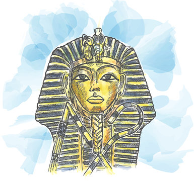 Golden mask of Egyptian pharaoh hand drawn Watercolor
