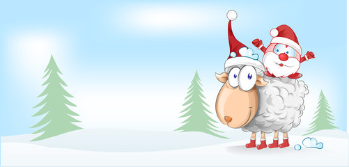 sheep christmas mascot with santa claus cartoon