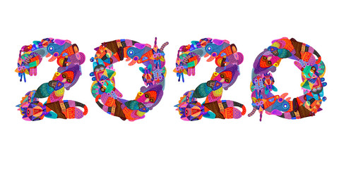 New year 2020 colorful doodle letter typography 