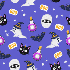 Halloween seamless pattern on violet background.