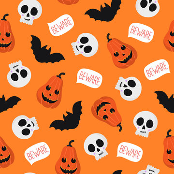 Halloween seamless pattern with cute cartoon pumpkins, skulls and bat silhouettes.