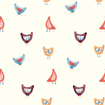 Seamless pattern with nice cute watercolor chicken hen bird in rural rustic country style