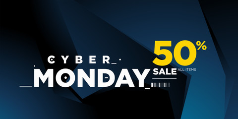 Cyber monday sale 50% banner on modern blue background. Cyber Monday promotion poster, flyer, banner, website, story, and social media template.