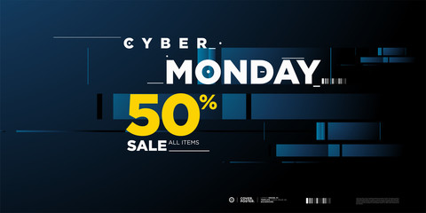 Cyber monday sale 50% banner on modern blue background. Cyber Monday promotion poster, flyer, banner, website, story, and social media template.