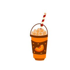 Pumpkin spice latte in disposable cup flat vector illustration. Fall season hot sweet beverage. Takeaway drink.