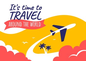 Vector creative summer travel illustration with flying air plane