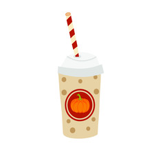 Pumpkin spice latte in disposable cup flat vector illustration. Fall season hot sweet beverage. Takeaway drink.