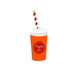 Pumpkin spice latte in disposable cup flat vector illustration. Fall season hot sweet beverage. Takeaway drink.
