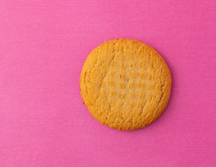 Single peanut butter flavor cookie on a pink background