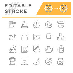 Set editable stroke line icons of coffee