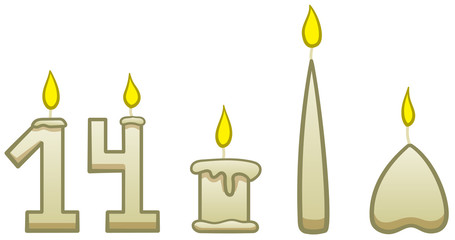 Set of five burning candles of different shapes