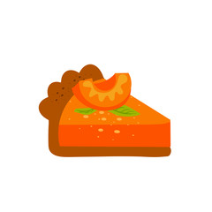 Pie piece flat vector illustration. Tasty cake slice. Delicious pastry, traditional american cheesecake. Baked dessert, orange tart design element.