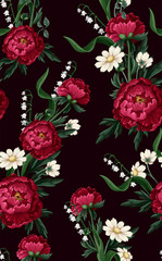 Seamless pattern with burgundy peonies. Vector.