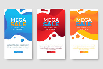 Set of three Sale banner template design with fluid shape and sale word. Social media banner template, voucher, discount, season sale