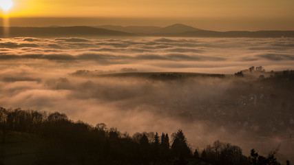 hills valley foggy cloudy landscape