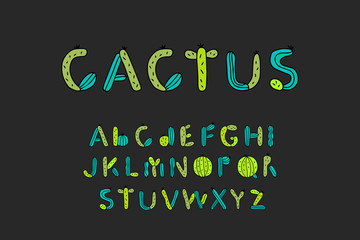 Cactus hand drawn vector type fon in cartoon comic style green colors