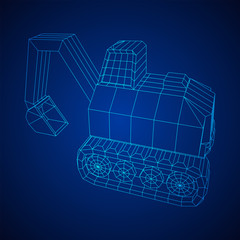 Excavator heavy equipment construction company. Wireframe low poly mesh vector illustration