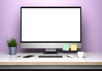 Computer with blank screen workplace with keyboard on desk, coffee, smartphone in office building interior with purple wall