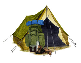Picture of a backpack near the tent hand drawn in watercolor isolated on a white background. Watercolor illustration © Tatiana