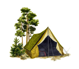 Picture of a camp in a forest hand drawn in watercolor isolated on a white background. Watercolor illustration © Tatiana