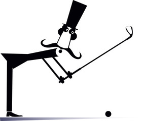 Long mustache man in the top hat plays golf isolated illustration.  Long mustache gentleman in the top hat tries to make a good kick black on white