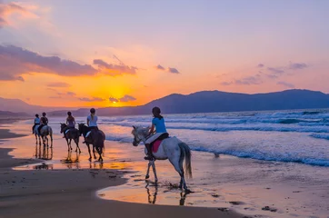 Schilderijen op glas A group of girls on horseback riding on a sandy beach on the background of the sunset sky © vagrig