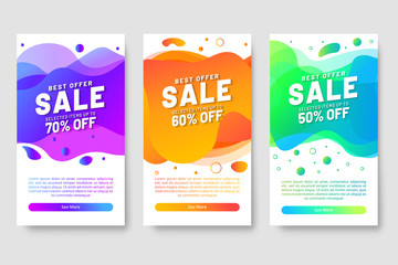 Set of three Sale banner template design with fluid shape and sale word. Social media banner template, voucher, discount, season sale