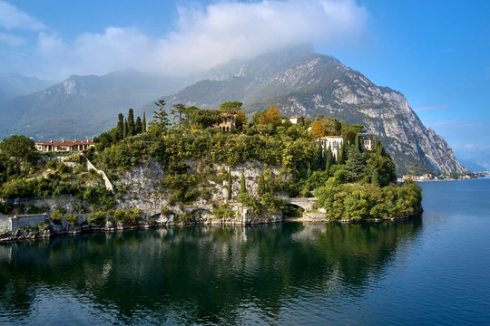 Panoramic view of Lake Como, the city of Malgrate. Aerial view. Autumn season