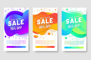 Set of three Sale banner template design with fluid shape and sale word. Social media banner template, voucher, discount, season sale