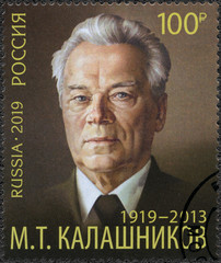 RUSSIA - 2019: shows Lieutenant General Mikhail Timofeyevich Kalashnikovv (1919-2013), invertor, ...