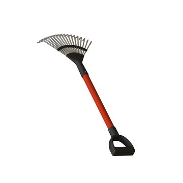 Garden rake on a white background, isolate. 3D rendering of excellent quality in high resolution. It can be enlarged and used as a background or texture.