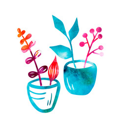 Collage with watercolor plant and vase. Digital picture mixet watercolor collage stylized watercolor.