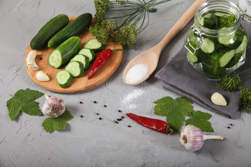 Fermented and fresh cucumbers, red hot peppers, dill, horseradish, garlic, a gray napkin lie on a gray background. horizontally