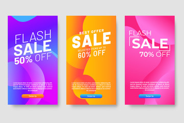 Set of three modern gradient liquid design for mega sale banners. Sale banner template design, social media banner template, voucher, discount, season sale