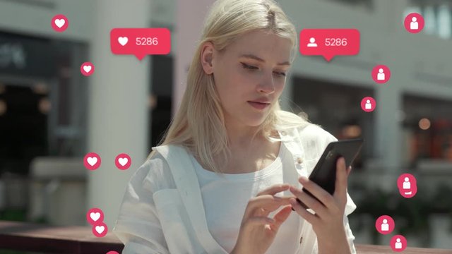 Blonde young woman use phone feel happy at sunlight vlogger influencer animation with user interface - likes, followers, comments for social media from smartphone slow motion