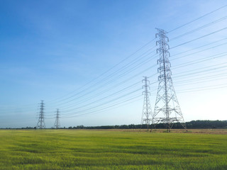 high voltage power line or power pylons electric transmission tower with blue sky and agricultural...