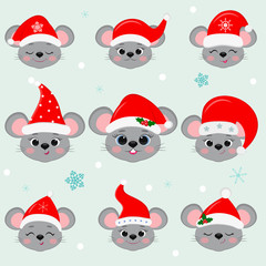 Happy New Year and Merry Christmas. Set of nine cute mouse rat heads in Santa s hat. Year of the rat. Cartoon, flat style, vector