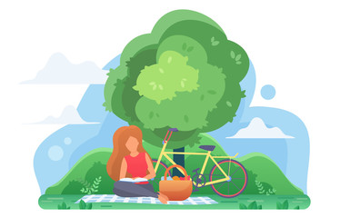 Girl reading book under tree flat vector illustration. Smart young woman, student studying outdoors cartoon character. Bookwork, bibliophile on picnic in park. Fresh air recreation, leisure activity