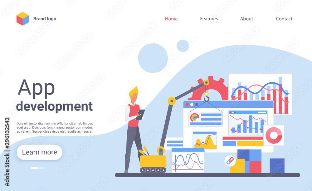 Wall mural App development landing page vector template. Mobile programming website homepage interface layout with flat illustration. Application creation business web banner, webpage cartoon concept