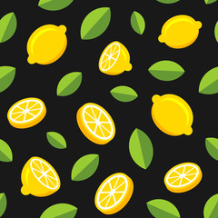 Lemon Fruits Seamless Pattern on Dark Background. Vector