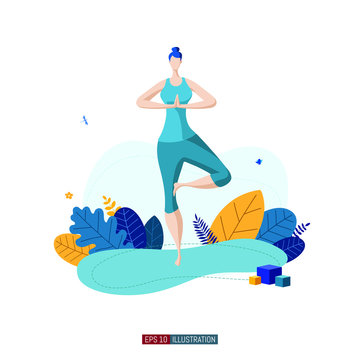 Trendy flat illustration. Girl doing yoga. Activity. Fitness. Life style.Template for your design works. Vector graphics.