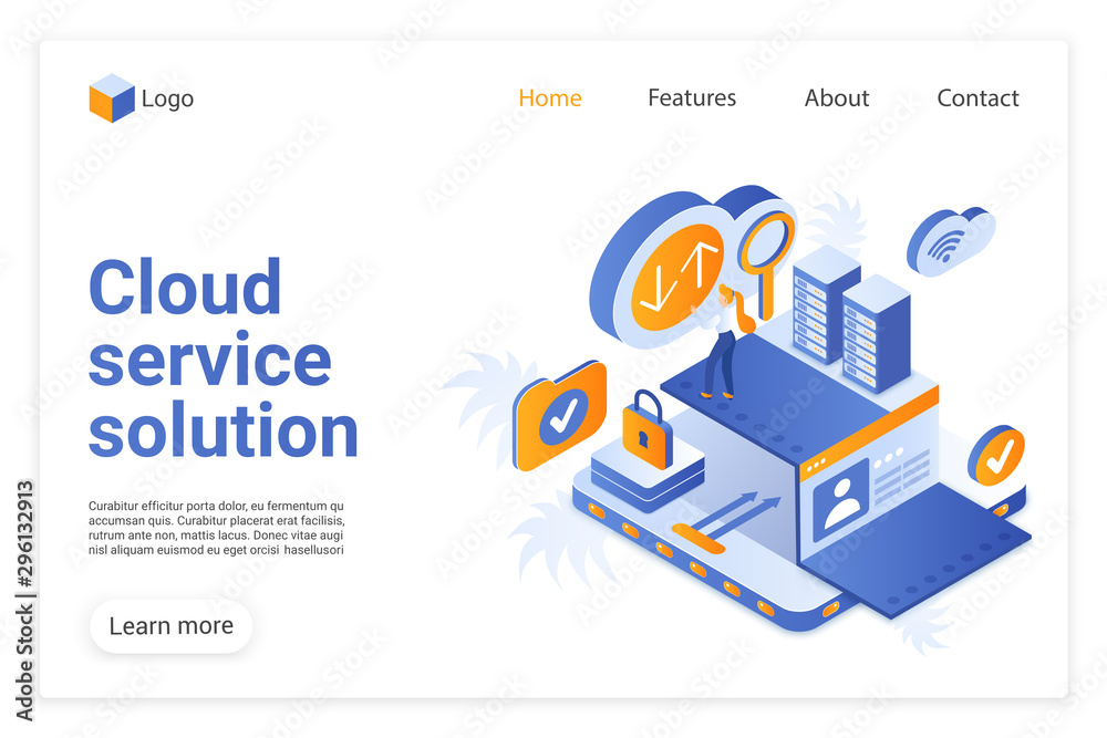 Leinwandbilder Cloud service solution landing page vector template. Modern internet technology website homepage UI layout with isometric illustration. Web hosting business, remote database webpage 3D concept