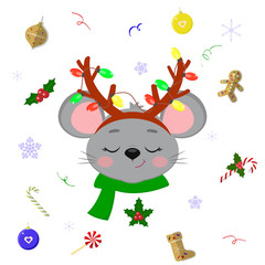 Happy New Year and Merry Christmas. Cute mice or rats with closed eyes in deer horns with garlands and a green scarf. Christmas elements. Year of the rat. Cartoon, flat style, vector