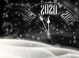 Christmas and New Year 2020 shiny black card with clock and snow.